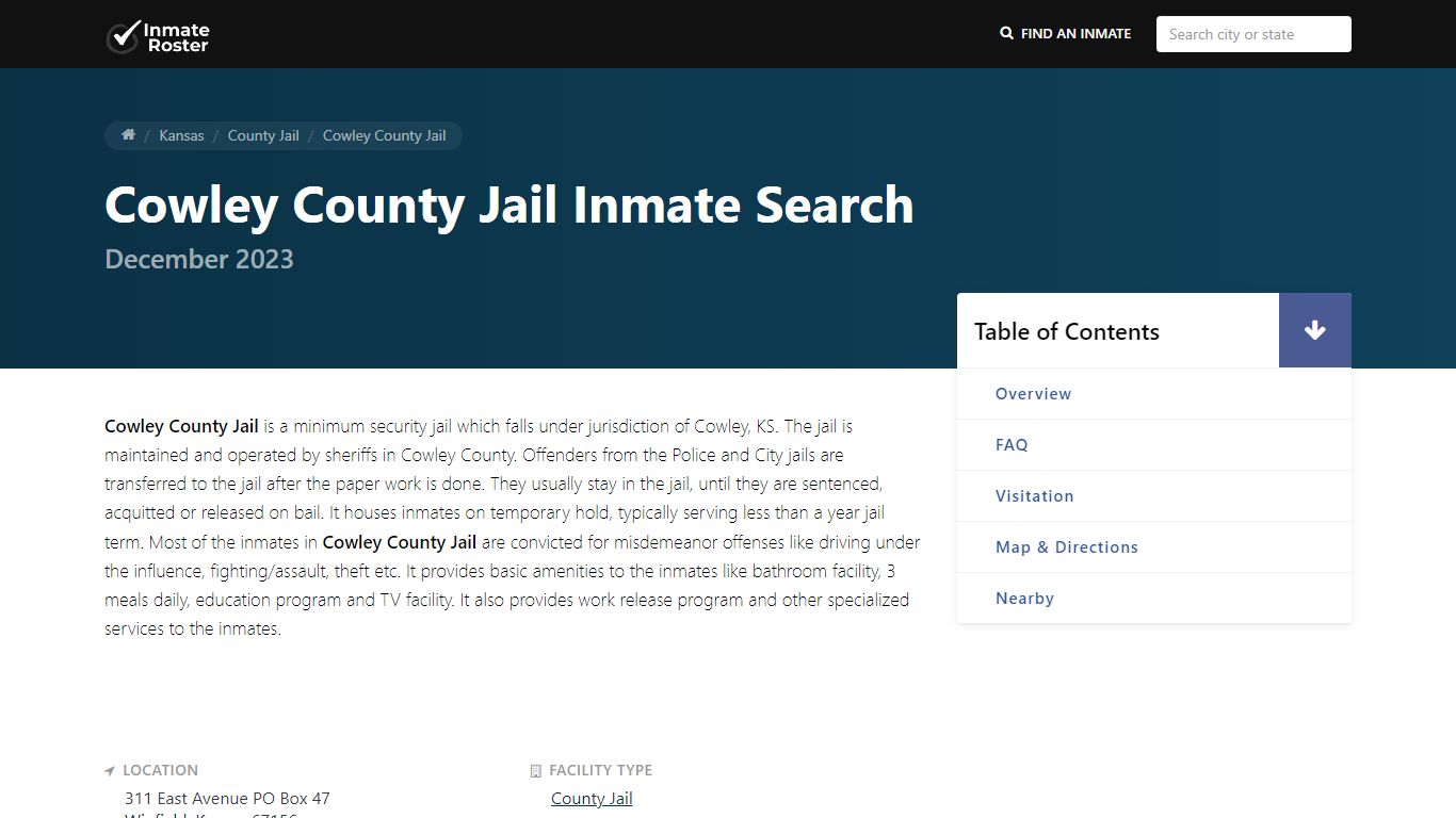 Inmate Search | Cowley County Jail - Winfield, KS - InmateRoster